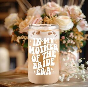 NWT Mother Of The Bride Glass Wood Lidded Hot Iced Coffee Cup 16 Oz Tan White